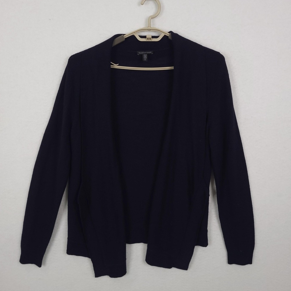 Eileen Fisher Cardigan Sweater Womens Petite Small Blue 100% Wool Open Front